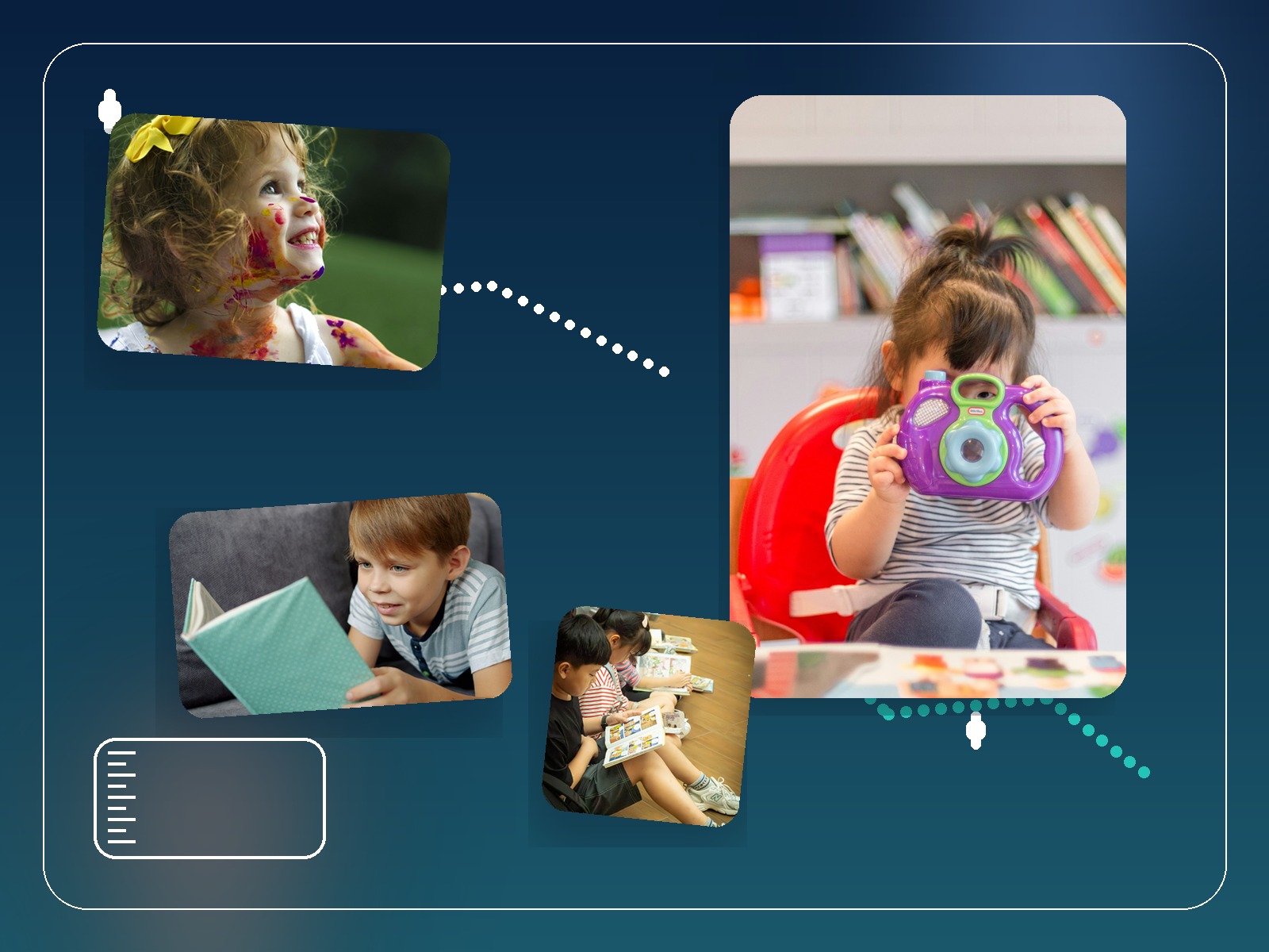 Composite artwork showing children, reading, and playful family-centered growth moments